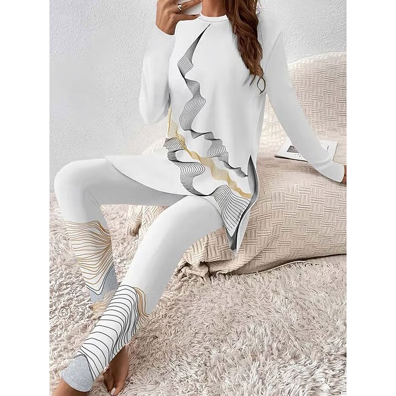 Women's Pajama Set Loungewear Round Neck Long Sleeve Casual Fashion Pants Sets Graphic Geometric Abstract Print Daily Daily Black White Blue Spring Regular Fit3