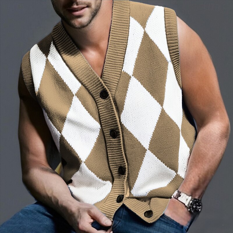 Men's Sweater Vest Vest Knitwear Cardigan Vest Ribbed Knit Regular Tops Buttons Argyle V Neck Fashion Classic Vacation Daily Wear Clothing Apparel Fall Winter Black Blue M L XL4