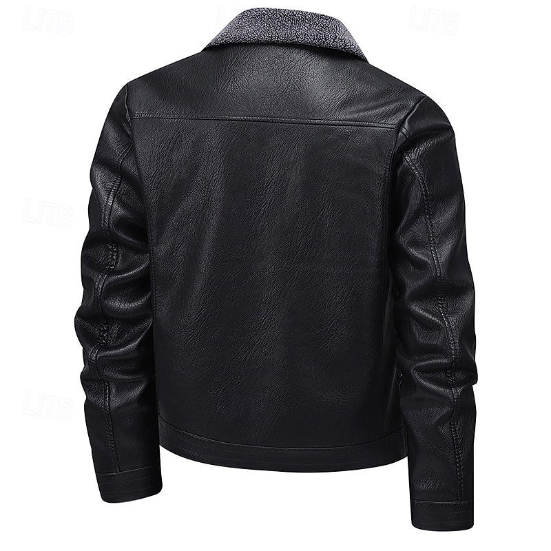 Men's Faux Leather Jacket Fleece Jacket Casual Jacket Outdoor Vacation Warm Zipper Pocket Fall Winter Plain Fashion Streetwear Standing Collar Regular Black Yellow Brown Jacket4