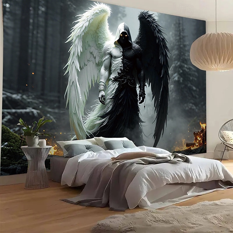 Dark and Light Angel Tapestry – Gothic Fantasy Wall Hanging with Black and White Wings, Forest and Fire Scene, Spiritual Wall Decor for Bedroom or Living Room2