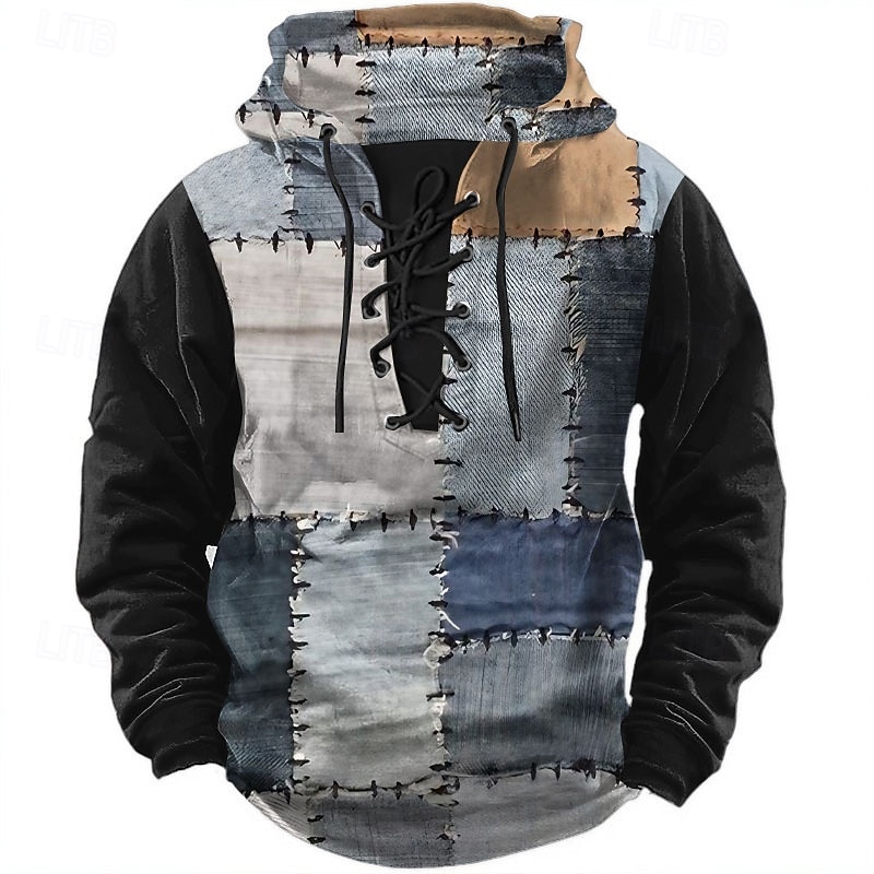 Men's Patchwork Hoodies Fashion Daily Long Sleeve Hooded Black Blue Drawstring Fall Winter Designer4