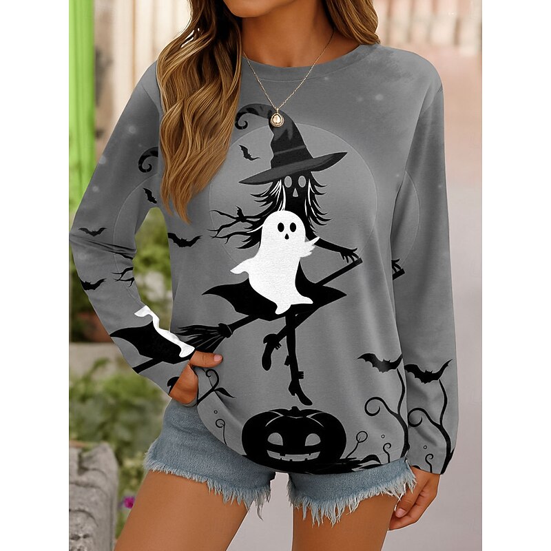 Halloween Women's T shirt Witch Graphic Pumpkin Vintage Fashion Stylish Long Sleeve Crew Neck Round Neck Regular Tops Weekend Print Purple Orange Green Gray Spring Fall4