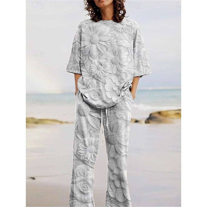 Women's Active Fashion Pants Sets 3/4 Length Sleeve Crew Neck Floral Print Vacation Daily Holiday Blue Purple Khaki Summer Regular Fit4