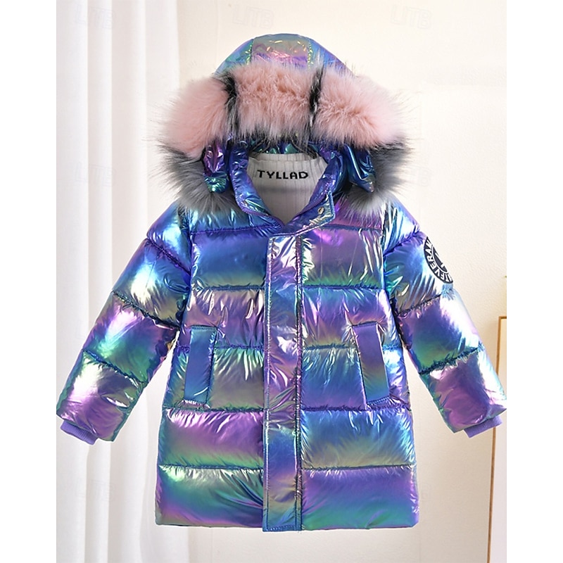 Kids Girls' Down Coat Solid Color Fashion Fur Trim Zipper Pocket School Coat Outerwear 4-12 Years Winter Pink Purple