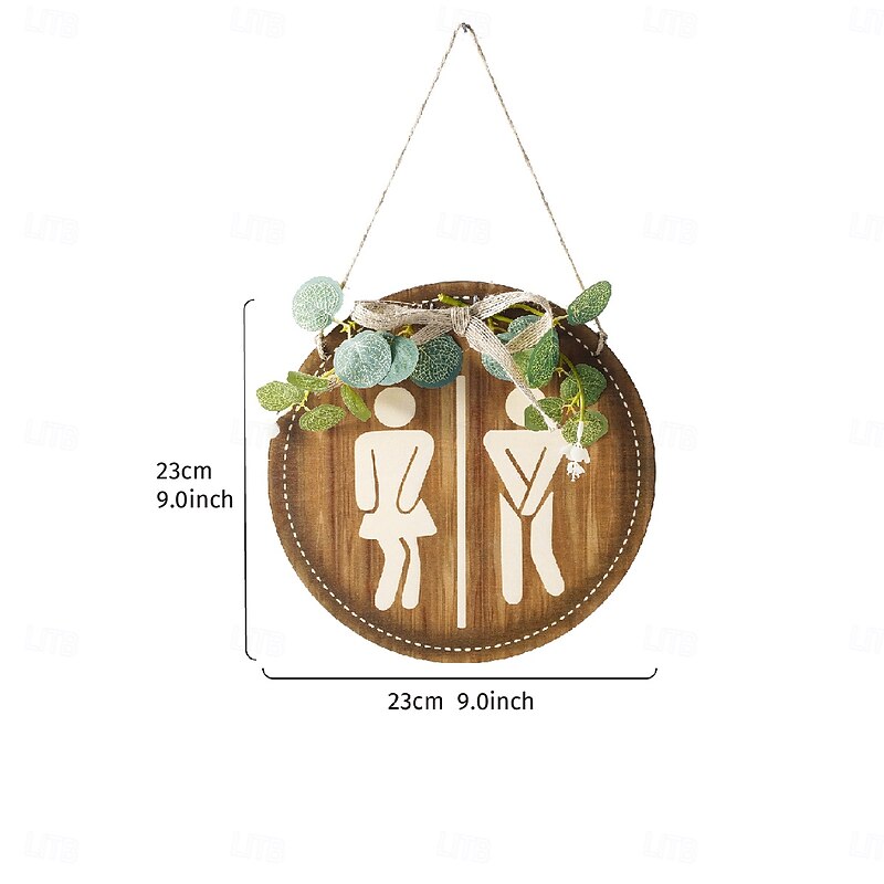 Wooden Bow Leaf Round Bathroom Sign, Decorative Restroom Plaque for Hotels, Malls and Home Washrooms2