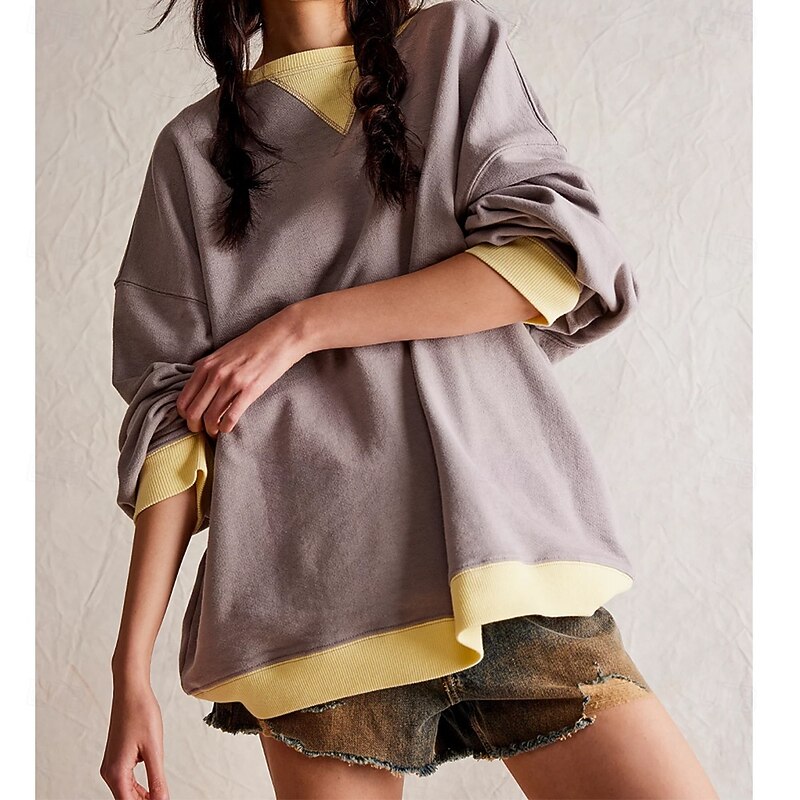 Women's Blouse Solid Color Active Vintage Sports Long Sleeve Crew Neck Regular Tops Work Daily Holiday Patchwork off white Black Rose Red Grey Spring Fall Winter4