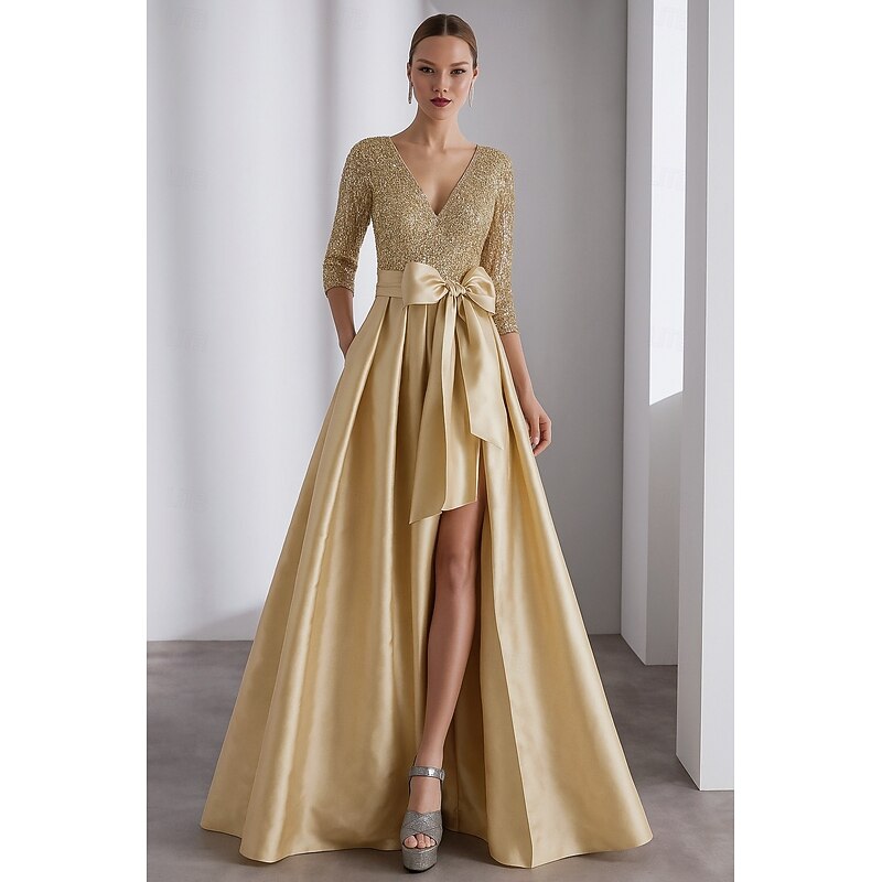 A-Line Evening Gown Elegant Dress Formal Wedding Floor Length 3/4 Length Sleeve V Neck Pocket Satin with Glitter Bow(s)4