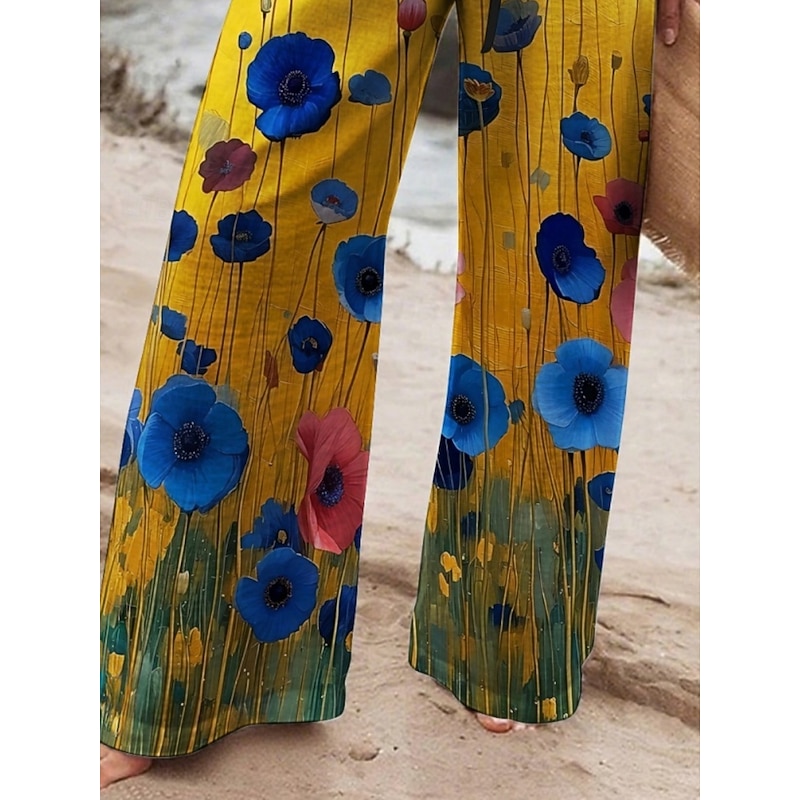 Women's Wide Leg Pants Trousers Vacation Casual Long High Waist Floral Elastic Waist Printing High Cut Breathability Soft Micro-elastic Vacation Street Daily Wear Yellow Spring Fall Regular Fit3