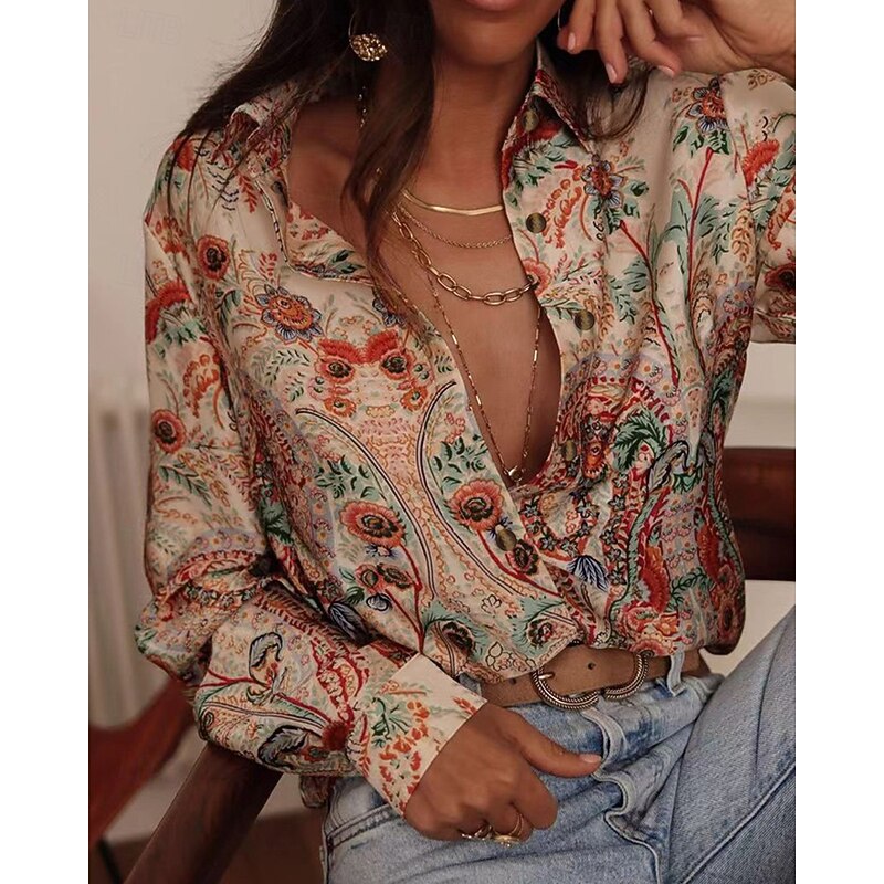 Women's Shirt Floral Bohemia Stylish Modern Long Sleeve Shirt Collar Regular Tops Daily Holiday Pocket Buttons Print Pink Red Orange Green Spring Fall2