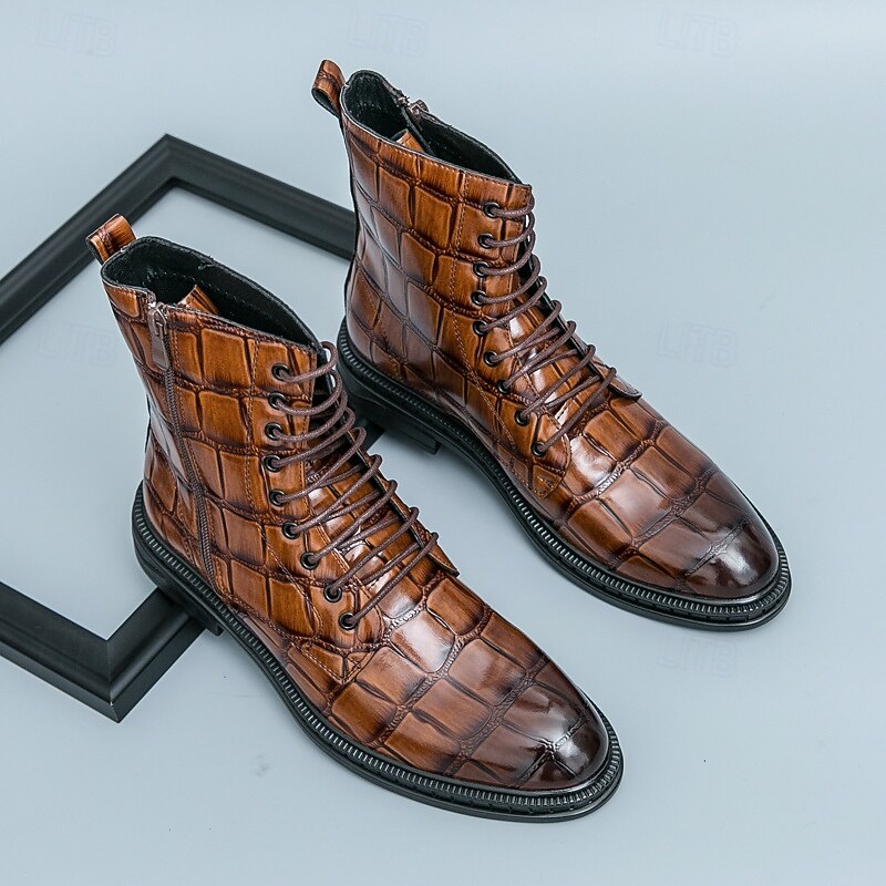 Men's Brown Crocodile Pattern Lace-Up Boots, Vintage Business Casual Shoes for Office and Formal Occasions3