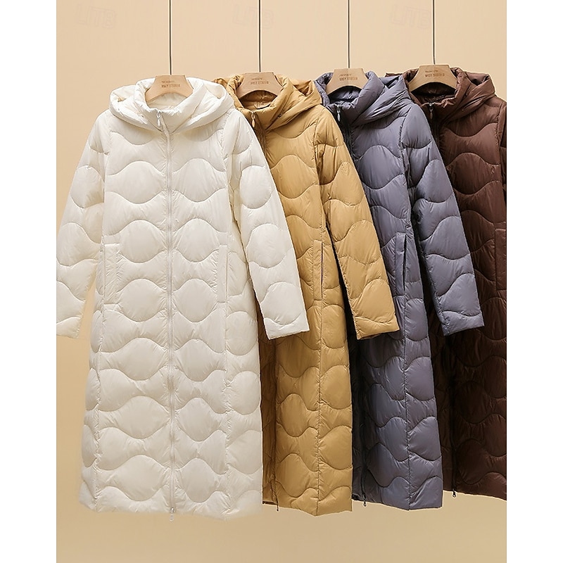 Women's Down Jacket Coat Warm Comfortable Zipper Pocket Casual Plain Outdoor Vacation Holiday Going out Zipper Long Hooded Regular Fit Long Sleeve Outerwear Light Blue White Purple Fall Winter