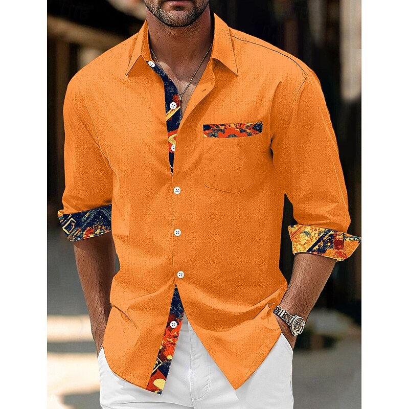 Men's Shirt Linen Shirt Graphic Vacation Casual Black Yellow Navy Blue Orange Long Sleeve Turndown Summer Spring Clothing Apparel Patchwork