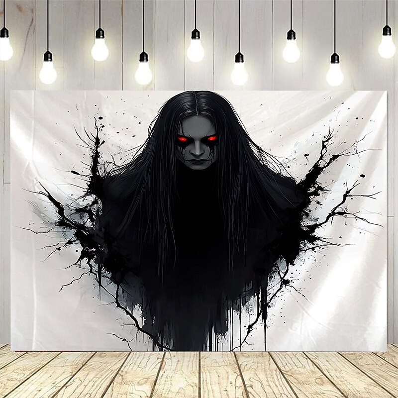 Halloween backdrop Scary Red-Eyed Demon Girl Tapestry – Creepy Horror Wall Hanging with Cracked Wall Effect, HD Print Gothic Halloween Backdrop for Bedroom, Living Room, Haunted House 2025 Halloween Decoration2