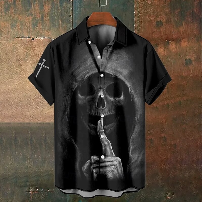 Halloween Men's Skull Death Halloween Costumes Shirt Button Up Shirt Short Sleeve Dark Gothic Style Holiday Summer Spring Turndown 3D Print Collared Shirts Black