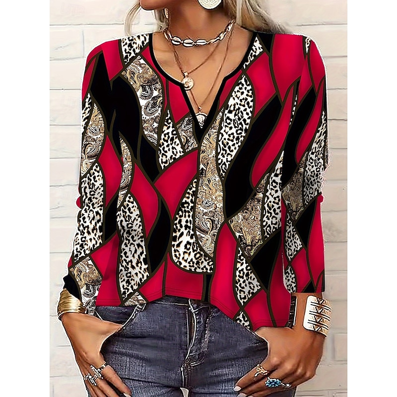 Women's T Shirt Graphic Geometric Vintage Stylish Classic Long Sleeve Notched Neck Regular Tops Daily Weekend Print Pink Red Spring Fall