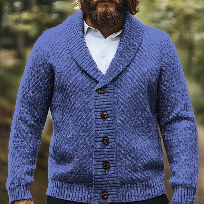 Men's Cardigan Sweater Cropped  Sweater Knit Sweater Ribbed Knit Regular Tops Buttons Plain Shawl Lapel Fashion Classic Vacation Daily Wear Clothing Apparel Fall Winter Navy Blue Brown M L XL2
