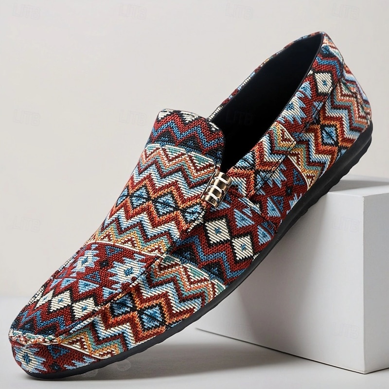 Men's Multicolor Jacquard Loafers with Zigzag Pattern – Fashion Slip-On Casual Shoes for Party, Holiday and Summer Resort Wear
