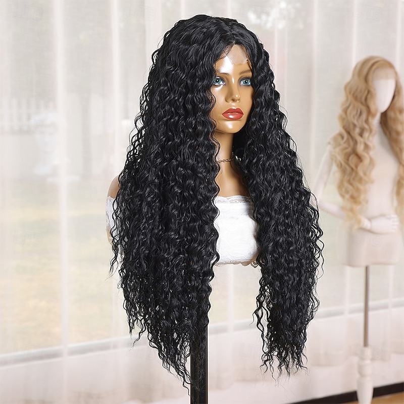 Synthetic Lace Wig Deep Curly Style 28 inch Black Middle Part U Part Wig Women's Wig Black3