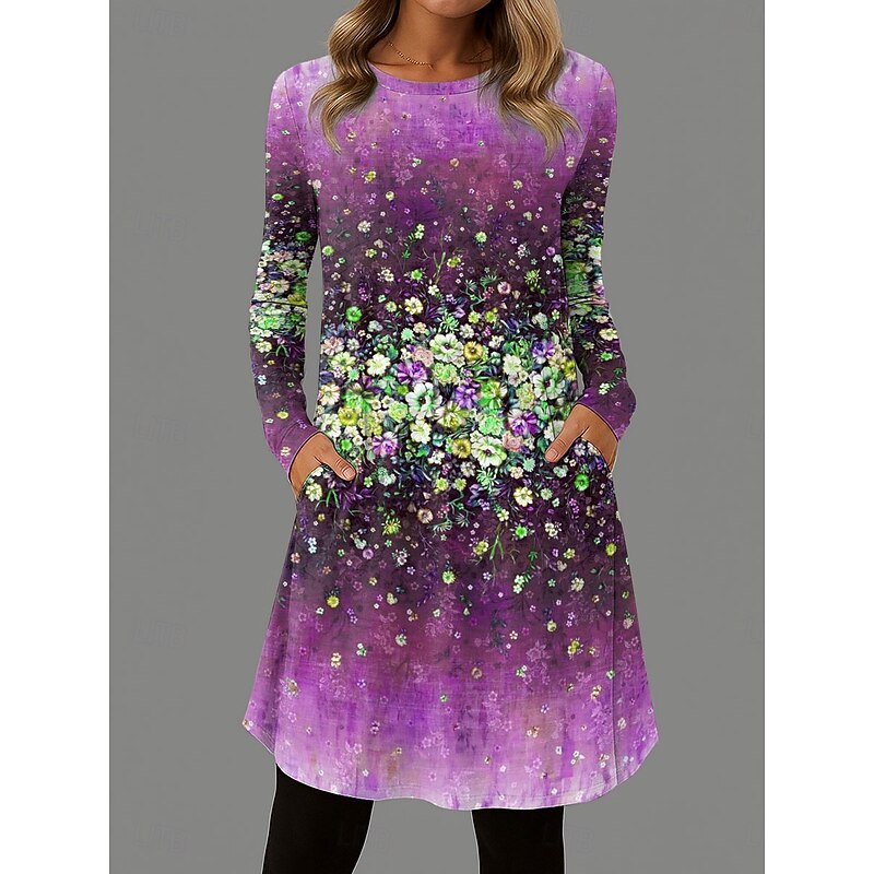 Women's Mini Dress T Shirt Dress Tee Dress A Line Dress Vacation Casual Daily Date Regular Fit Floral Graphic Long Sleeve Crew Neck Blue Purple Green Summer Spring Fall Winter3