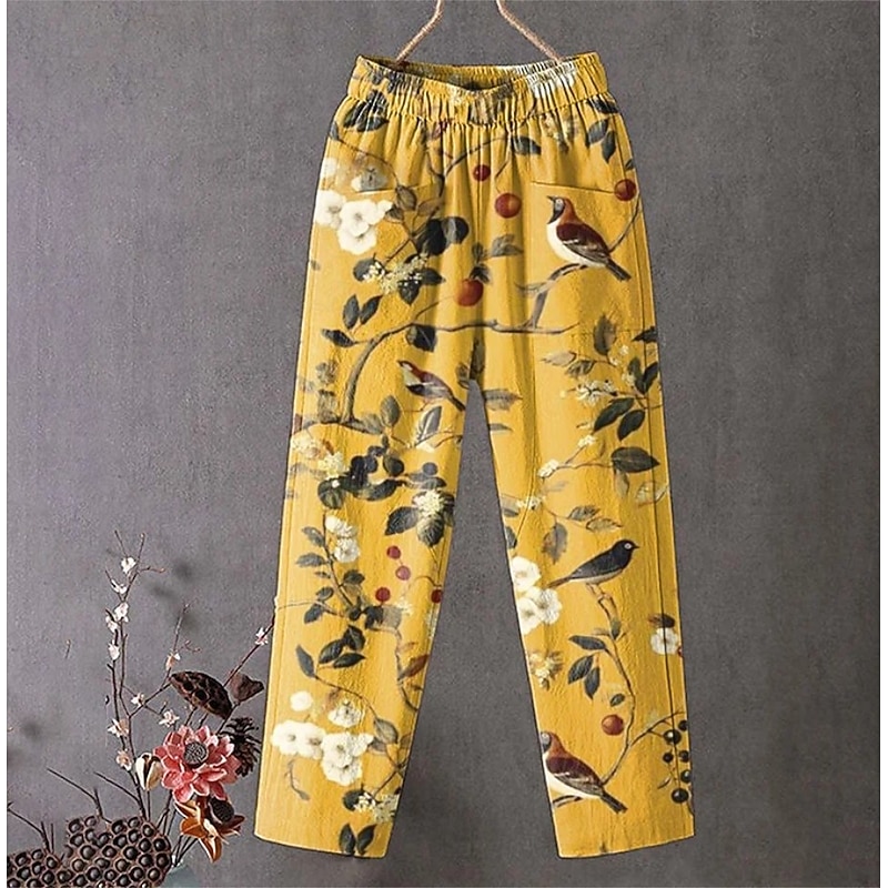 Women's Wide Leg Chinos Slacks Vacation Vintage Ethnic Style Full Length High Waist Floral Graphic Bird Pocket Comfy Breathability Lightweight Inelastic Outdoor Vacation Causal White Yellow Dusty Blue
