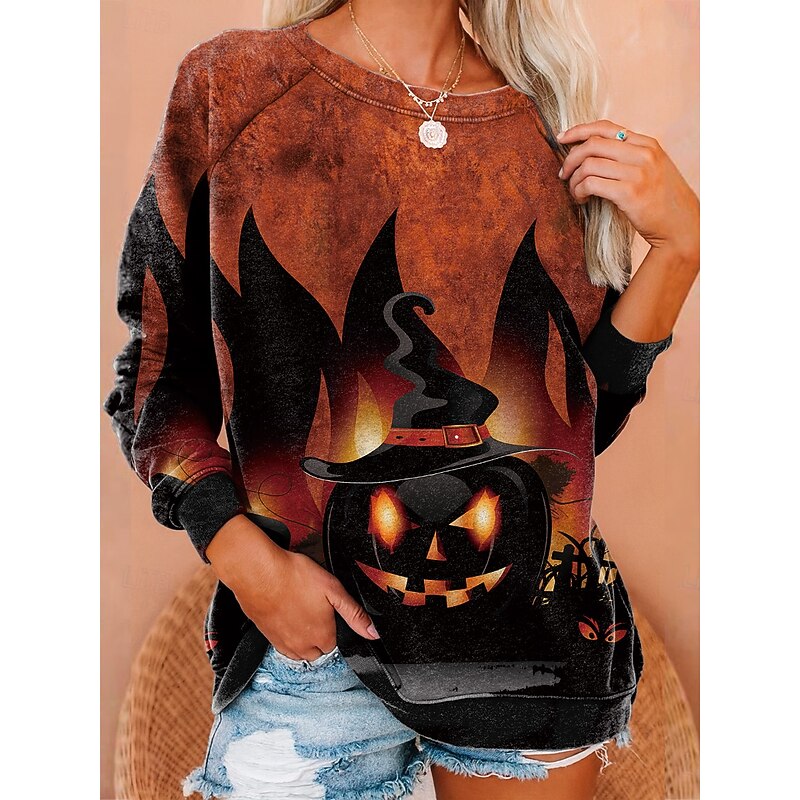 Halloween Women's Sweatshirts Graphic Fashion Casual Long Sleeve Crew Neck Regular Tops Street Dailywear Casual Print Black Blue Orange Brown Gray Fall Winter3