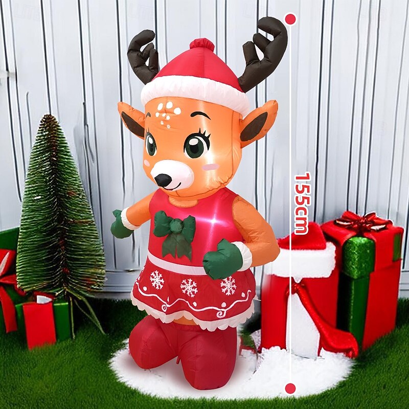 1 Pc 1.55M * 0.9M 2025 Christmas Wearing Christmas Hat and Skirt Cute Reindeer with Light Inflatable Air Model Indoor and Outdoor Courtyard Garden Party Atmosphere Decorative Light EU/US/UK/AU Plug3