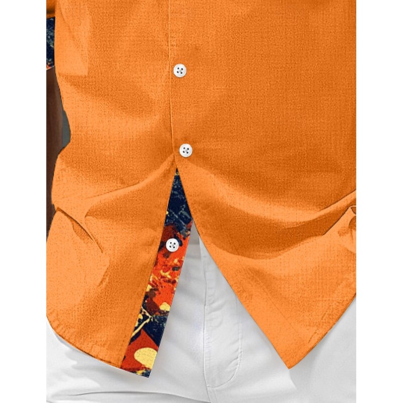 Men's Shirt Linen Shirt Graphic Vacation Casual Black Yellow Navy Blue Orange Long Sleeve Turndown Summer Spring Clothing Apparel Patchwork3