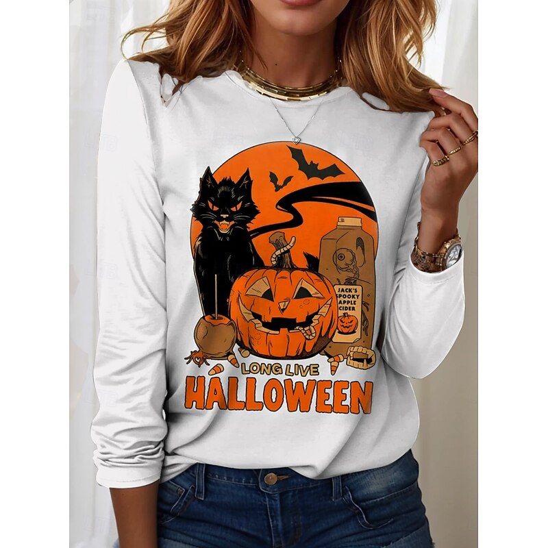 Halloween Women's T shirt Black Cat Graphic Cat Pumpkin Vintage Fashion Stylish Long Sleeve Crew Neck Round Neck Regular Tops Daily Weekend Print Black White Pink Blue Purple Spring Fall Winter3