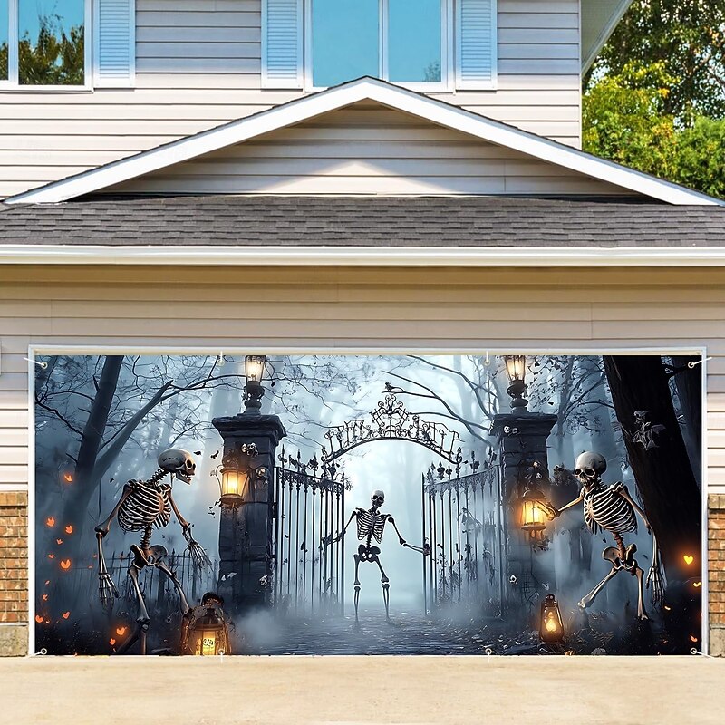 Halloween Garage Door Cover Large Hanging Backdrop Skeleton Ghost Zombies Cemetery Fantasy Psychedelic Party Outdoor Shooting Backgrounds Front Door Home Decor3