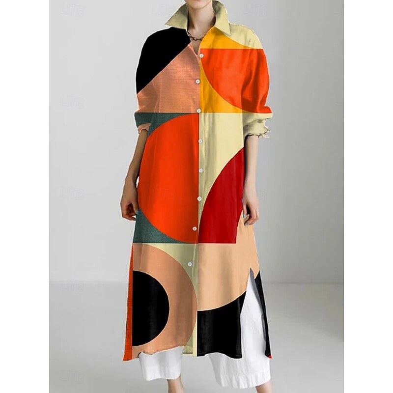 Women's Midi Dress Shirt Dress Casual Dress Fashion Modern Daily Holiday Weekend Regular Fit Geometric Color Block 3/4 Length Sleeve Shirt Collar Blue Fuchsia Orange Summer Spring Fall3