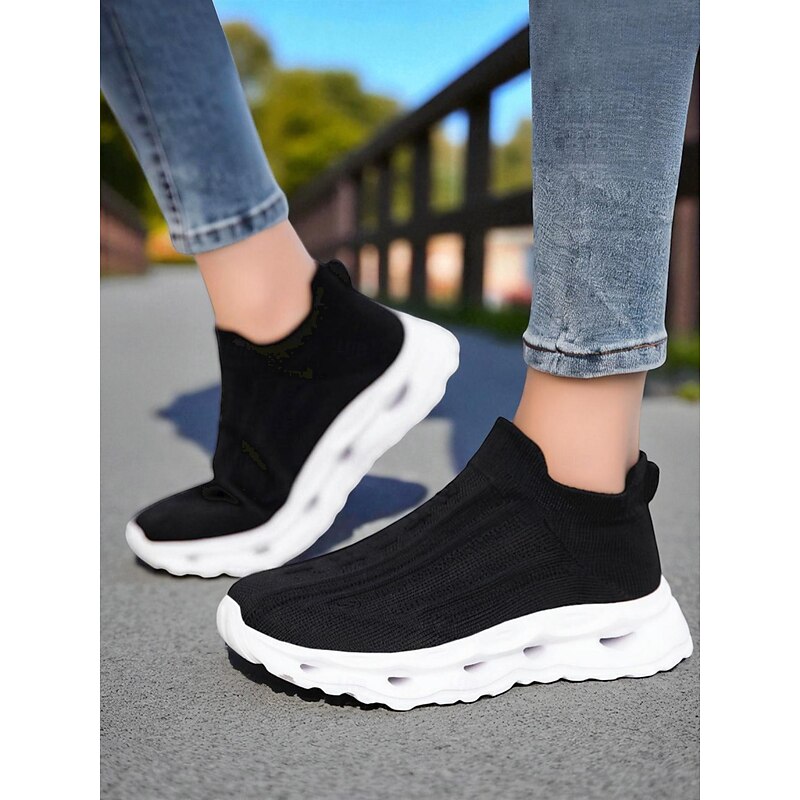 Women's Orange Flyknit Slip-On Sneakers with Air-Cushioned Soles – Sporty & Comfortable Style for Urban Walks, Gym Workouts & Casual Outings