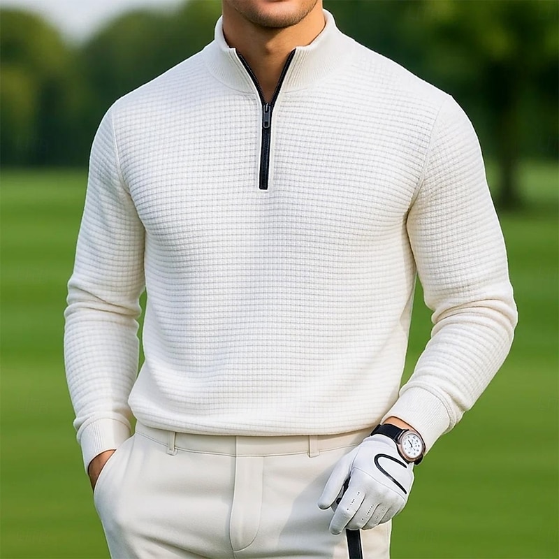 Men's Waffle Polo Shirts Sports Outdoor Casual Standing Collar Quarter Zip Long Sleeve Fashion Modern Solid Color Textured Knitted Spring &  Fall All Seasons Black White Blue Grey Waffle Polo Shirts3