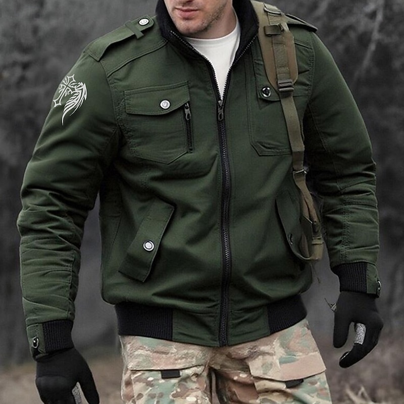 Men's Graphic Wings Cross Military Jacket Coat Tactical Jacket Thermal Warm Casual Outdoor Dailywear Multiple Pockets Cotton Bomber Jackets with Shoulder Straps Fall Winter Stand Collar Long Sleeve