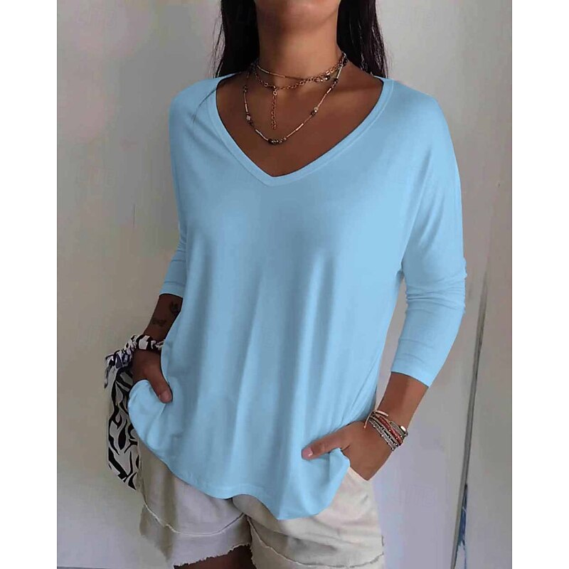 Women's Blouse Plain Casual Long Sleeve V Neck Regular Tops Holiday Going out White Yellow Pink Light Blue Fall4