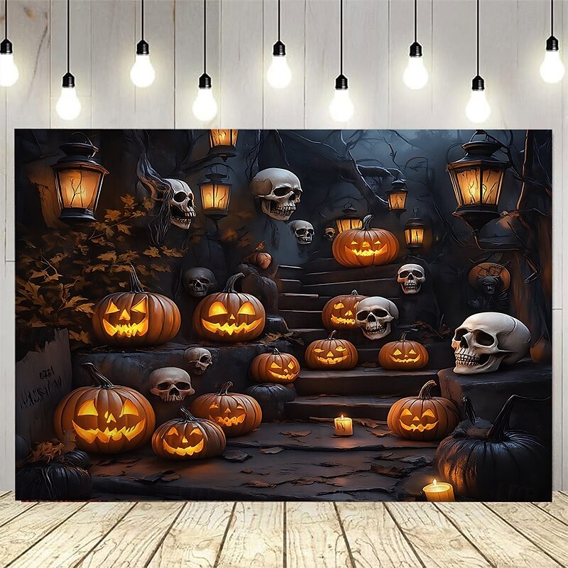 Halloween Graveyard Backdrop Tapestry with Glowing Pumpkins, Haunted Tombstones and Bats, Spooky Cemetery Wall Hanging for 2025 Halloween Home Party Decoration4