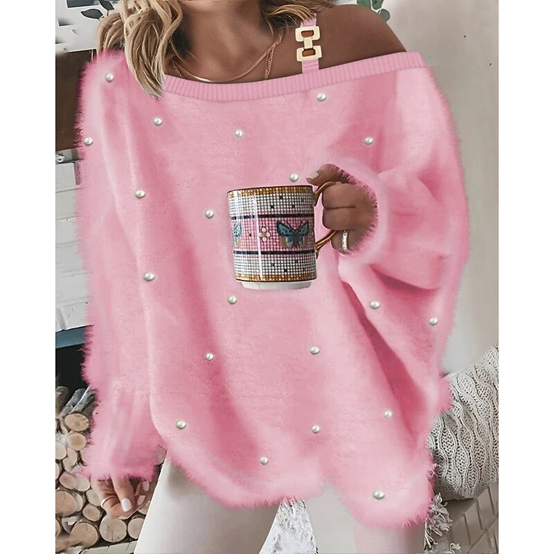 Women's Sweater Pullover Sweatshirt Fuzzy Cozy T Shirt Plain Ribbed Knitted Casual Long Sleeve One Shoulder Tops Daily Going out Weekend Pink Oversized