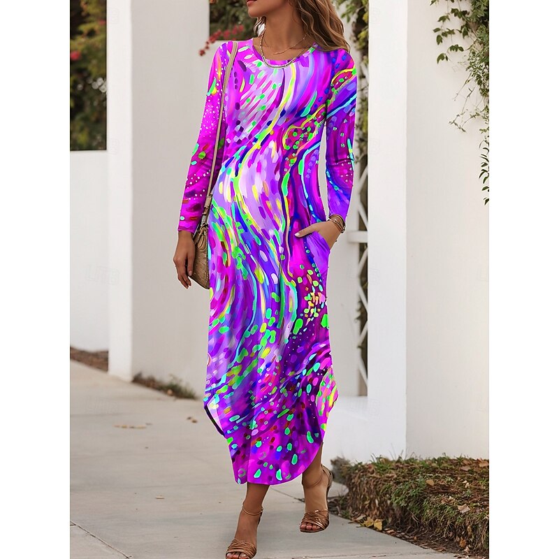 Women's Maxi Dress Sheath Dress T Shirt Dress Tee Dress Vacation Casual Daily Regular Fit Graphic Geometric Abstract Long Sleeve Crew Neck Red Blue Purple Green Summer Spring Fall2