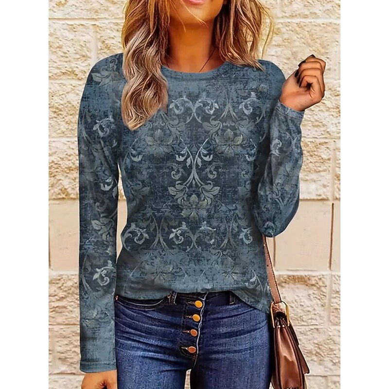 Women's T Shirt Floral Graphic Paisley Vintage Fashion Stylish Long Sleeve Crew Neck Round Neck Regular Tops Daily Weekend Print Blue Dusty Blue Purple Orange Brown Spring Fall Winter2