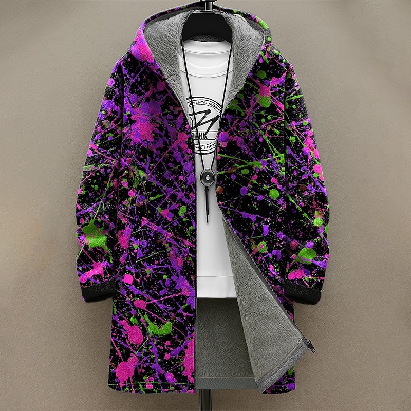Men's Graphic Graffiti Winter Coat Fleece Jacket Coat Thermal Warm Comfortable Casual Daily Wear Zipper Pocket 3D Print Fall Winter Hooded Long Sleeve Yellow Blue Amethyst3