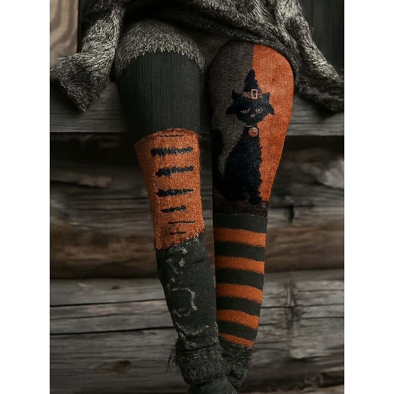 Women's Leggings Vacation Vintage Fashion Full Length High WaistPantsHalloween Graphic Skull Cat Printing Soft Breathable Stretchy Outdoor Vacation Street Dark-Gray Orange Brown Green Spring Fall