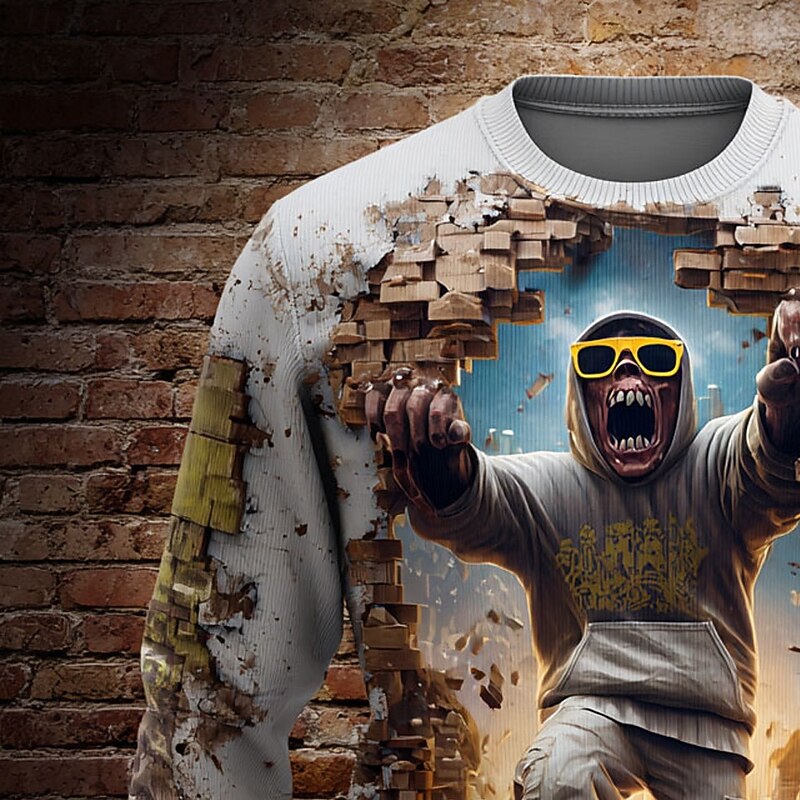 Men's Cartoon Pullover Sweater Jumper Knitwear Crewneck Casual Vacation Street Daily 3D Print Graphic Keep Warm Long Sleeve Spring Fall Winter White2