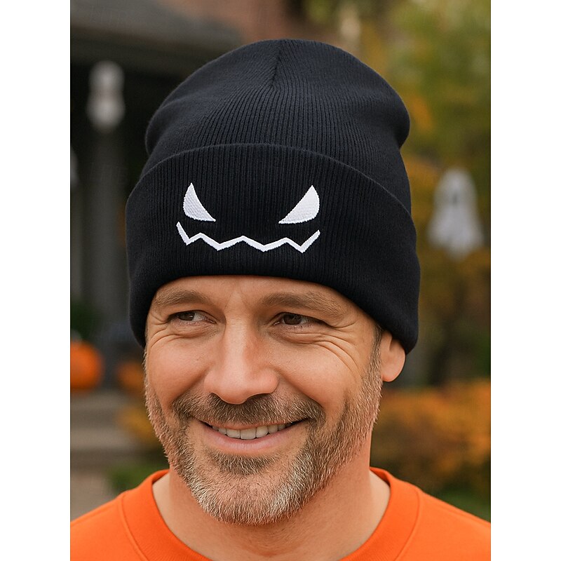 Unisex Halloween Pumpkin Smile Knit Hat - Soft Ribbed Cuffed Winter Hat, Stretch Acrylic, Embroidered Pumpkin Face - For Costume Parties, Trick-or-Treating, Fall Festivals and Everyday Wear2