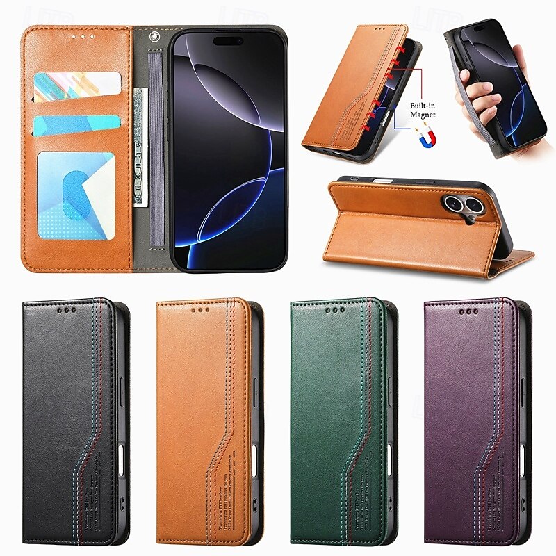 Phone Case For iPhone 17 Pro Max 17 Air 16 15 14 Pro Max Plus 16e 13 Pro Max Back Cover with Wrist Strap Kickstand Card Slot Retro TPU PU Leather