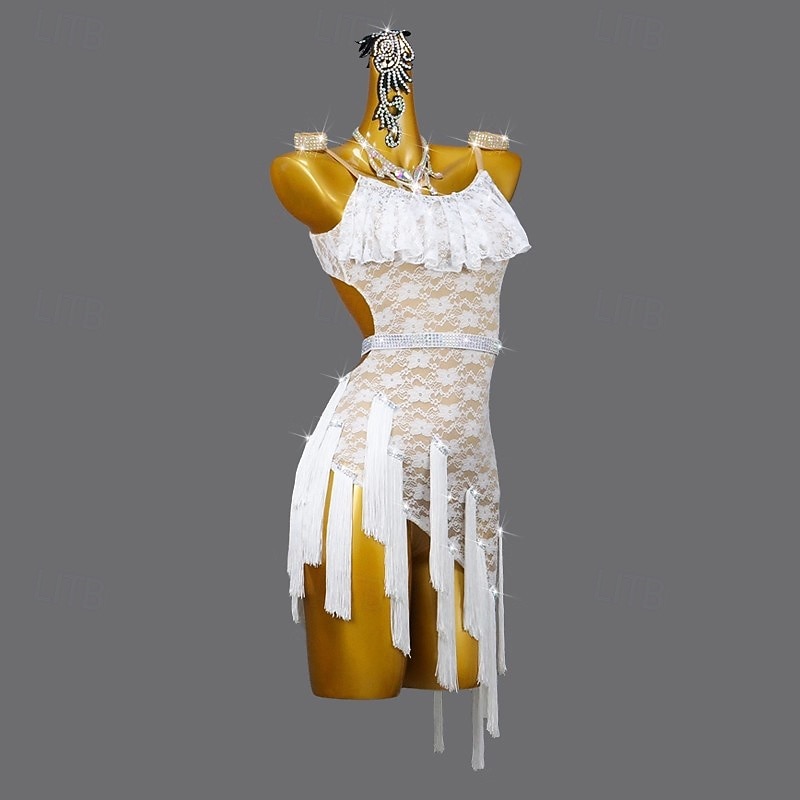 Latin Salsa Dance Dress Rhinestone Ruffles Tassel Women's Performance Training Sleeveless Spandex Lace4