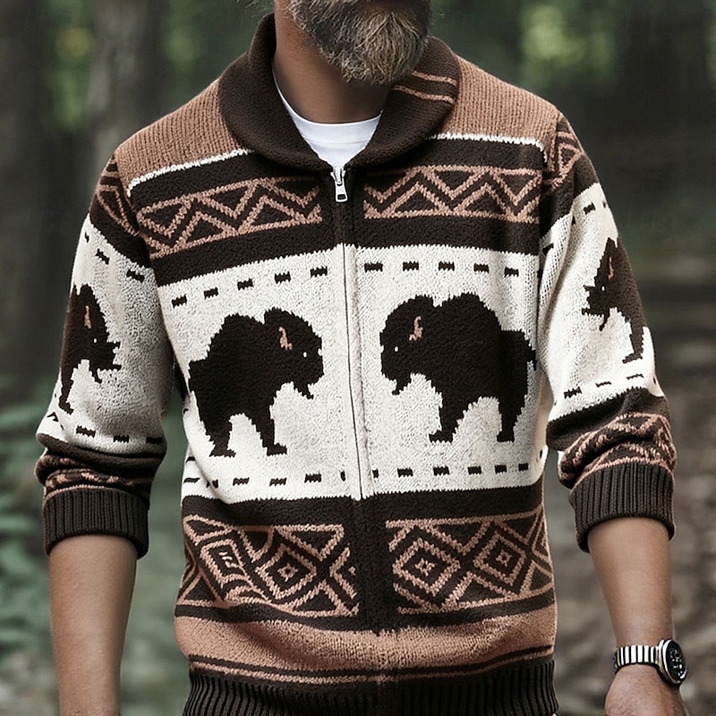 Men's Cardigan Sweater Cropped  Sweater Zip Sweater Knit Sweater Ribbed Knit Regular Tops Cow Shawl Collar Vintage Classic Vacation Daily Wear Clothing Apparel Fall Winter Brown M L XL