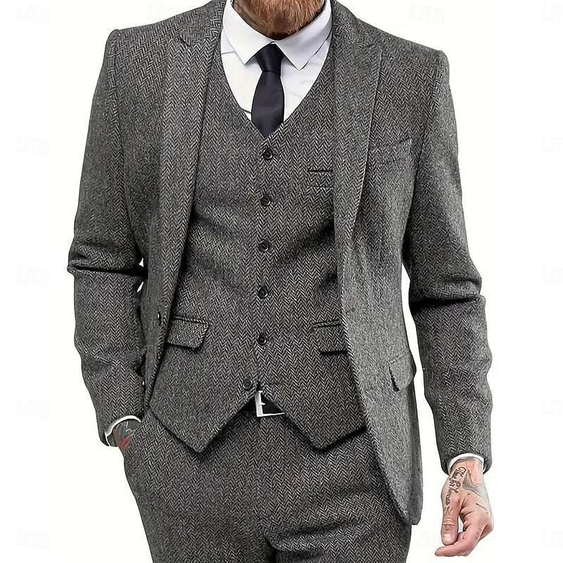 Men's Business Casual Tweed Suits Peaked Lapel Dark Grey Formal Herringbone Tailored Fit 3 Piece Single Breasted Three-buttons