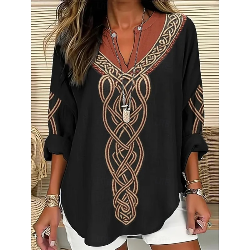 Women's Shirt Geometric Daily Retro Vintage Long Sleeve V Neck Regular Tops Daily Holiday Print Yellow Summer Spring Fall