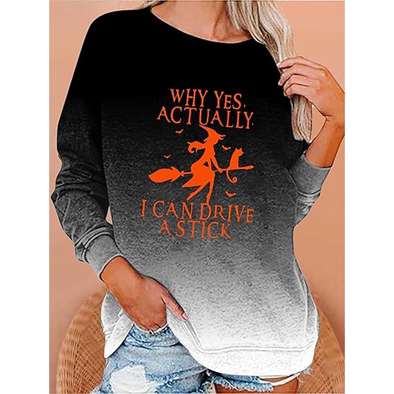 Halloween Women's Pullover Sweatshirt Witch Graphic Fashion Casual Long Sleeve Crew Neck Round Neck Regular Tops Street Dailywear Print Black Yellow Red Purple Orange Fall Winter