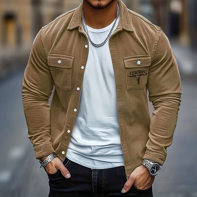 Men's Cow Print Corduroy Shirt Shirt Jacket Overshirt Long Sleeve Vintage Retro Outdoor Dailywear Fall Winter Turndown Button-Down Warm Jacket with Flap Pockets Blue Green Khaki Gray