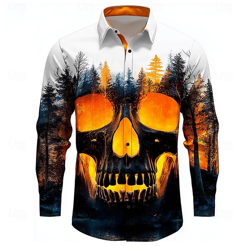 Halloween Men's Skull Flame Forest Shirt Button Up Shirt Long Sleeve Dark Gothic Style Holiday Summer Spring Turndown 3D Print Collared Shirts White